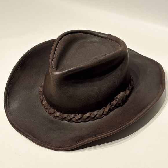 VTG Henschel Hat Co USA Brown Leather Australian Outback Hat Braided Band Size L - Picture 1 of 13